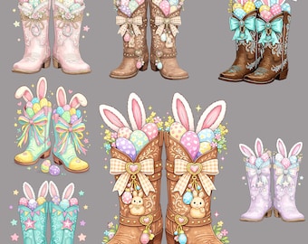 Puede incluir: Una colección de botas de vaquero coloridas con temática de Pascua. Cada par presenta orejas de conejo, huevos decorados y lazos. Las botas son de varios colores, incluyendo rosa, marrón, turquesa y tonos pastel, con detalles de estrellas y flores.
