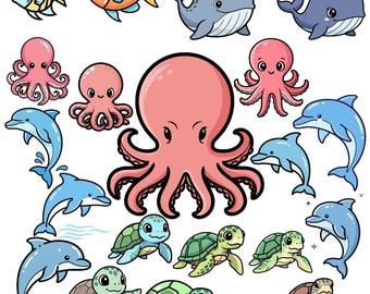 Paquete de imágenes prediseñadas de animales marinos retro, criaturas marinas en acuarela PNG SVG