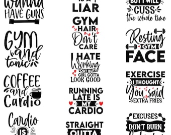 Paquete de SVG para entrenamiento, PNG de fitness, SVG de entrenamiento, SVG de ejercicio, frases retro de entrenamiento, dichos de fitness, motivación para entrenar, SVG de frases divertidas para el gimnasio
