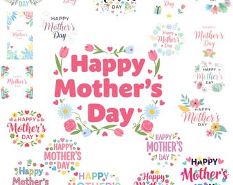 Paquete de imágenes prediseñadas PNG SVG con motivos florales retro para el Día de la Madre (descarga digital)