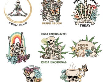 Paquete de imágenes PNG de calaveras divertidas, esqueleto sarcástico, frases de calaveras irónicas, humor de esqueletos en formato SVG, imágenes prediseñadas de calaveras florales, ilustración de calaveras primaverales