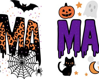 Könnte beinhalten: Zwei Halloween-Designs mit dem Wort "MAMA". Ein Design hat orangefarbene Leopardenmuster-Buchstaben mit Spinnennetzen, Fledermäusen und Spinnen. Das andere Design hat lila Buchstaben mit Geistern, Kürbissen, Katzen und Monden.