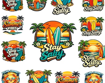 Paquete de PNG Stay Salty, SVG de verano de moda, imágenes prediseñadas de playa, PNG de ambiente playero, verano costero, sublimación tropical de verano