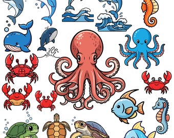 Paquete de imágenes prediseñadas de animales marinos en acuarela: vida marina realista PNG SVG