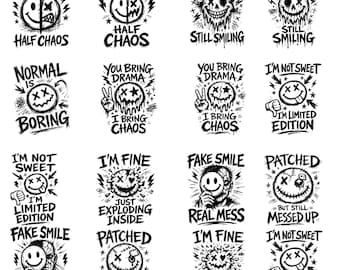 Paquete de PNG de caos divertido, SVG de calma vs caos, imágenes prediseñadas de caras de calma y caos, diseño de cara en semitonos, frases divertidas sobre el caos, sublimación de calma y caos