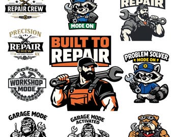 Paquete de imágenes PNG de mecánico, imágenes prediseñadas de garaje retro, ilustraciones con frases de soldadura (descarga digital)