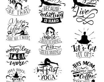 Paquete PNG de yoga, citas inspiradoras de yoga, refranes de yoga, imágenes prediseñadas de yoga, posturas de yoga, ilustraciones gráficas de meditación de yoga