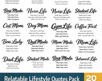 Relatable lifestyle quotes Png Svg Bundle, Daily Routine Typography, Digital download