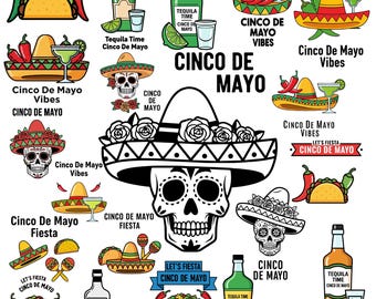 Paquete PNG de Cinco de Mayo, Calavera mexicana SVG, Esqueleto de Cinco de Mayo, Escuadrón de Fiesta del Oeste, Ilustración mexicana, Descargar Descargar