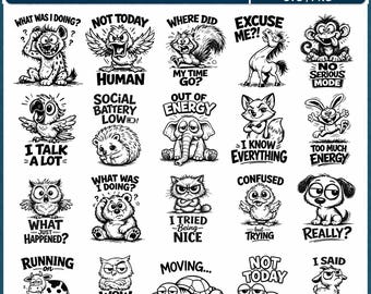 Paquete de imágenes PNG de animales sarcásticos, SVG de humor animal, imágenes prediseñadas de citas atrevidas de animales, amantes de los animales, ilustración de memes divertidos de animales