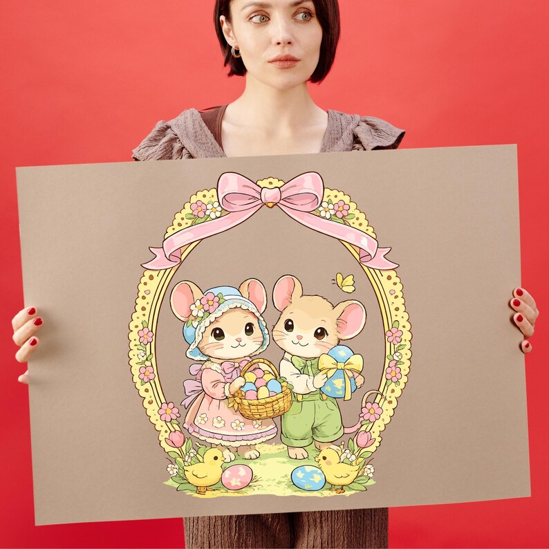 Puede incluir: Un p&oacute;ster marr&oacute;n con una ilustraci&oacute;n de Pascua. Dos ratones de dibujos animados est&aacute;n dentro de un marco ovalado decorativo con un lazo rosa. Un rat&oacute;n lleva un gorro y sostiene una cesta de huevos, el otro sostiene un huevo envuelto. Pollitos y huevos amarillos en la parte inferior.