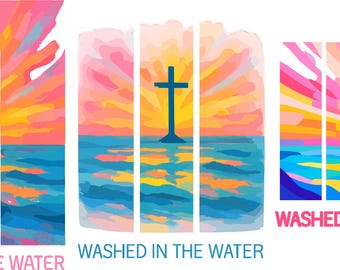 Puede incluir: Ilustración de una cruz en el agua con un colorido atardecer de fondo. La imagen está dividida en paneles verticales. El texto "WASHED IN THE WATER" está en la parte inferior en rosa. Tema espiritual.