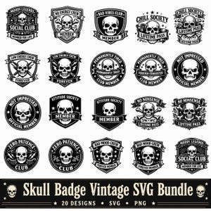 Puede incluir: Una colección de veinte insignias circulares y en forma de escudo en blanco y negro con ilustraciones de calaveras y varias frases de texto como Moody Legends, Chill Society y Zero Patience, presentadas como un paquete de diseño gráfico.