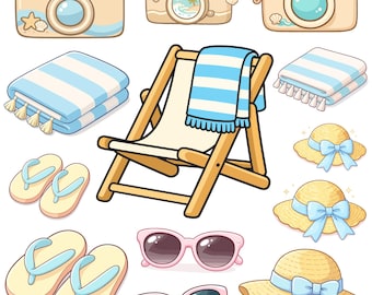 Paquete de imágenes PNG de playa, imágenes SVG de playa de verano, verano costero, elementos de playa en acuarela, ilustración de playa y tropical