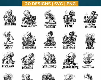 Esqueleto divertido con café PNG, Esqueleto sarcástico SVG, Amante del café, Mujer calavera divertida, Frases de adictos al café, Ilustración gótica de amante del café