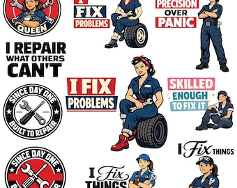 Paquete PNG SVG de mecánica femenina, ilustración divertida de una mujer con llave inglesa (descarga digital)