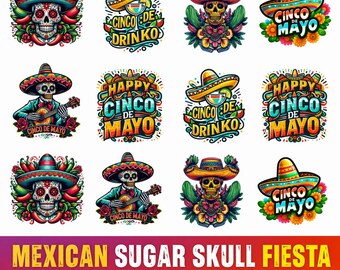 Feliz Cinco de Mayo PNG Bundle, Esqueleto Mexicano Svg, Decoración de fiesta mexicana del Cinco de Mayo, Ilustración de camisa de calavera mexicana del Cinco de Mayo
