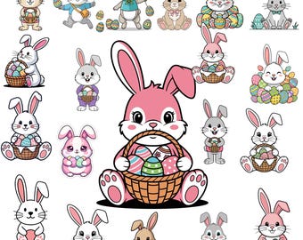 Paquete de imágenes prediseñadas de conejo de Pascua retro, ilustración de cazador de huevos (PNG, SVG)