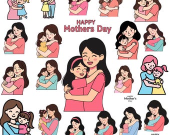 Paquete de imágenes prediseñadas de madre e hija: ilustración de retrato familiar (PNG/SVG)