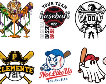May include: A selection of baseball-themed designs. Features a baseball with the text "Your Team Baseball #22", a player silhouette, a Clemente 21 logo, a baseball with a face, and a ghost holding a bat. Also, a baseball with Halloween-themed bats.