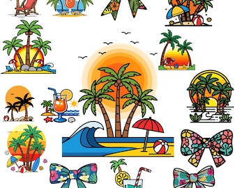 Imágenes PNG de playa tropical, SVG de árboles de playa, diseño de camiseta de playa, ilustración de verano costera, imágenes prediseñadas de playa de verano, descarga digital
