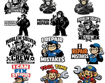 Paquete de divertidos gorila mecánico PNG SVG, clipart de mono con llave inglesa (descarga digital)