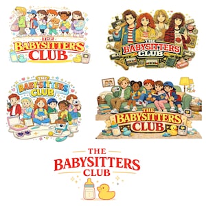 Könnte beinhalten: Eine Sammlung farbenfroher Illustrationen mit dem Text "The Babysitters Club". Die Bilder zeigen Kinder, Babyflaschen, Enten und Retro-Technologie wie VHS-Kassetten und Kassettenrekorder. Das Thema ist ein nostalgisches Kinderbuch oder Cartoon.