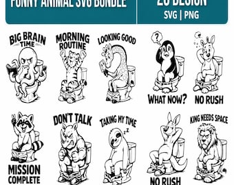 Paquete de imágenes PNG de animales divertidos para el baño, citas divertidas de animales en formato SVG, imágenes prediseñadas de humor para el baño, ilustración sarcástica para el baño.