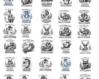 Vive hoy como un paquete de PNG, SVG de animales divertidos, animal salvaje sarcástico, imágenes prediseñadas de citas divertidas, ilustración de humor animal