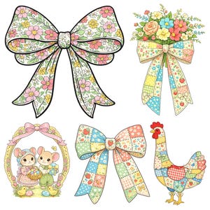 May include: A collection of colorful, whimsical illustrations featuring bows, a bouquet, and a chicken. The bows have floral and patchwork patterns. The bouquet has roses and other flowers. The chicken is made of patchwork.