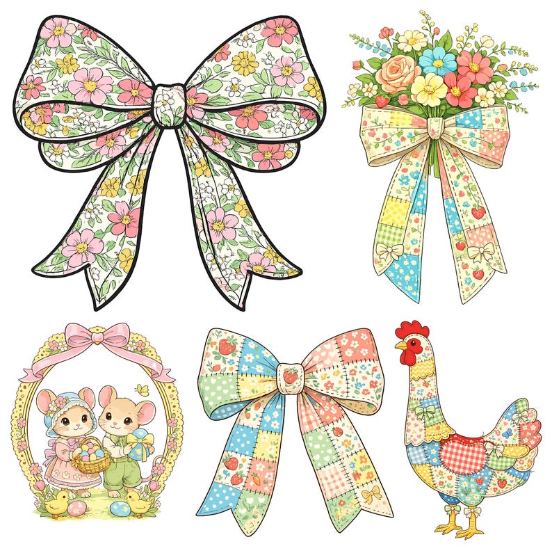 Puede incluir: Una colecci&oacute;n de ilustraciones coloridas y caprichosas con lazos, un ramo y una gallina. Los lazos tienen patrones florales y de patchwork. El ramo tiene rosas y otras flores. La gallina est&aacute; hecha de patchwork.