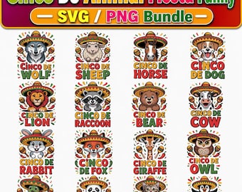 Divertente Cinco de Mayo Animal Fiesta SVG PNG Bundle, Clipart festa messicana