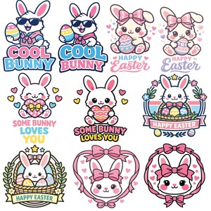 Puede incluir: Una colección de diseños de conejos de dibujos animados. Algunos conejos llevan gafas de sol y sostienen huevos de Pascua, con el texto "COOL BUNNY". Otros diseños incluyen conejos con corazones y el texto "SOME BUNNY LOVES YOU", y conejos con cestas de Pascua y el texto "HAPPY EASTER".