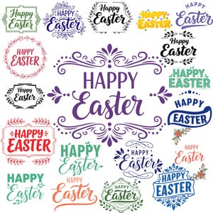 Könnte beinhalten: Eine Sammlung farbenfroher "Frohe Ostern"-Designs in verschiedenen Stilen. Die Designs umfassen Blumenkränze, Banner und dekorative Rahmen mit einer Mischung aus Schriftarten und Farben wie Grün, Rot und Blau. Das Gesamtthema ist festlich und feierlich.