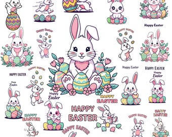 Paquete de imágenes prediseñadas de conejos de Pascua con motivos florales retro (PNG, SVG)