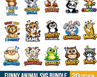 Animales divertidos y confundidos PNG, paquete de PNG de animales sarcásticos, citas divertidas de animales SVG, amante de los animales, ilustración de humor animal