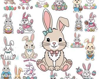 Paquete de imágenes prediseñadas de conejitos de Pascua en tonos pastel: conejitos y huevos en acuarela (SVG, PNG)
