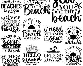 Paquete de imágenes PNG con frases sobre la playa, SVG de playa de verano, dichos de playa de verano, vida playera, imágenes prediseñadas de ambiente veraniego, ilustración de vacaciones tropicales
