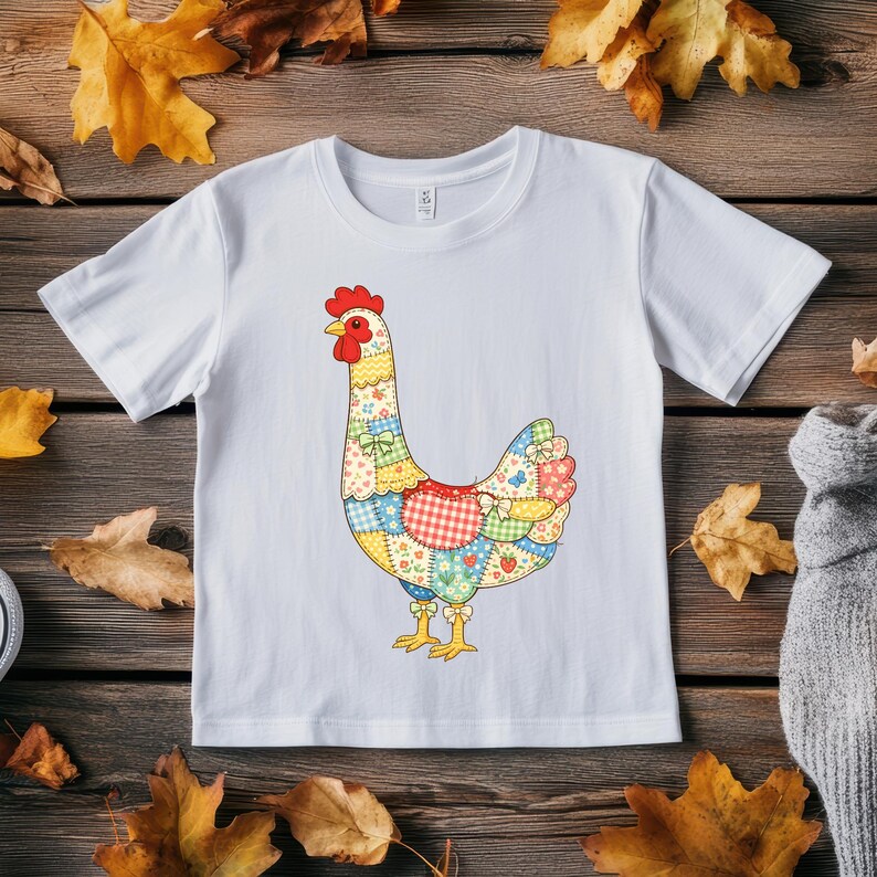 Puede incluir: Camiseta blanca con un dise&ntilde;o de gallina de retazos coloridos. La gallina tiene una cresta y una barbilla rojas, y su cuerpo est&aacute; hecho de varios cuadrados de tela estampada. La camiseta es de cuello redondo y manga corta.