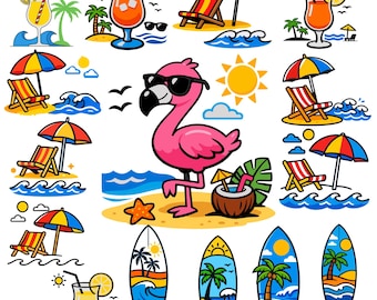 Paquete de imágenes PNG de playa de verano, SVG de ambiente veraniego, imágenes prediseñadas de flamencos tropicales retro, flamenco de verano, ilustración de playa de verano