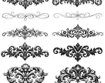 Paquete de imágenes PNG de adornos florales, bordes vintage, esquinas florales SVG, espirales decorativas, imágenes prediseñadas de espirales SVG, descarga digital.