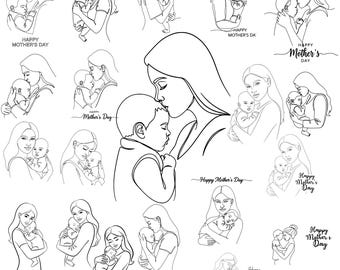 Conjunto de arte lineal de madre e hijo, retrato de mamá SVG (descarga digital)