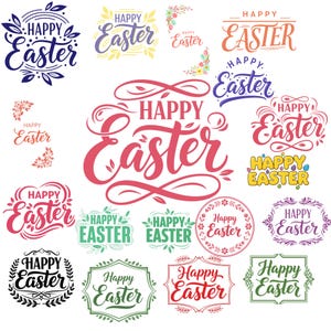 Puede incluir: Una colección de diseños coloridos de "Felices Pascuas" en varios estilos. El texto se muestra en diferentes fuentes y está rodeado de elementos decorativos como hojas, flores y marcos. La paleta de colores incluye rojo, azul, verde y amarillo.