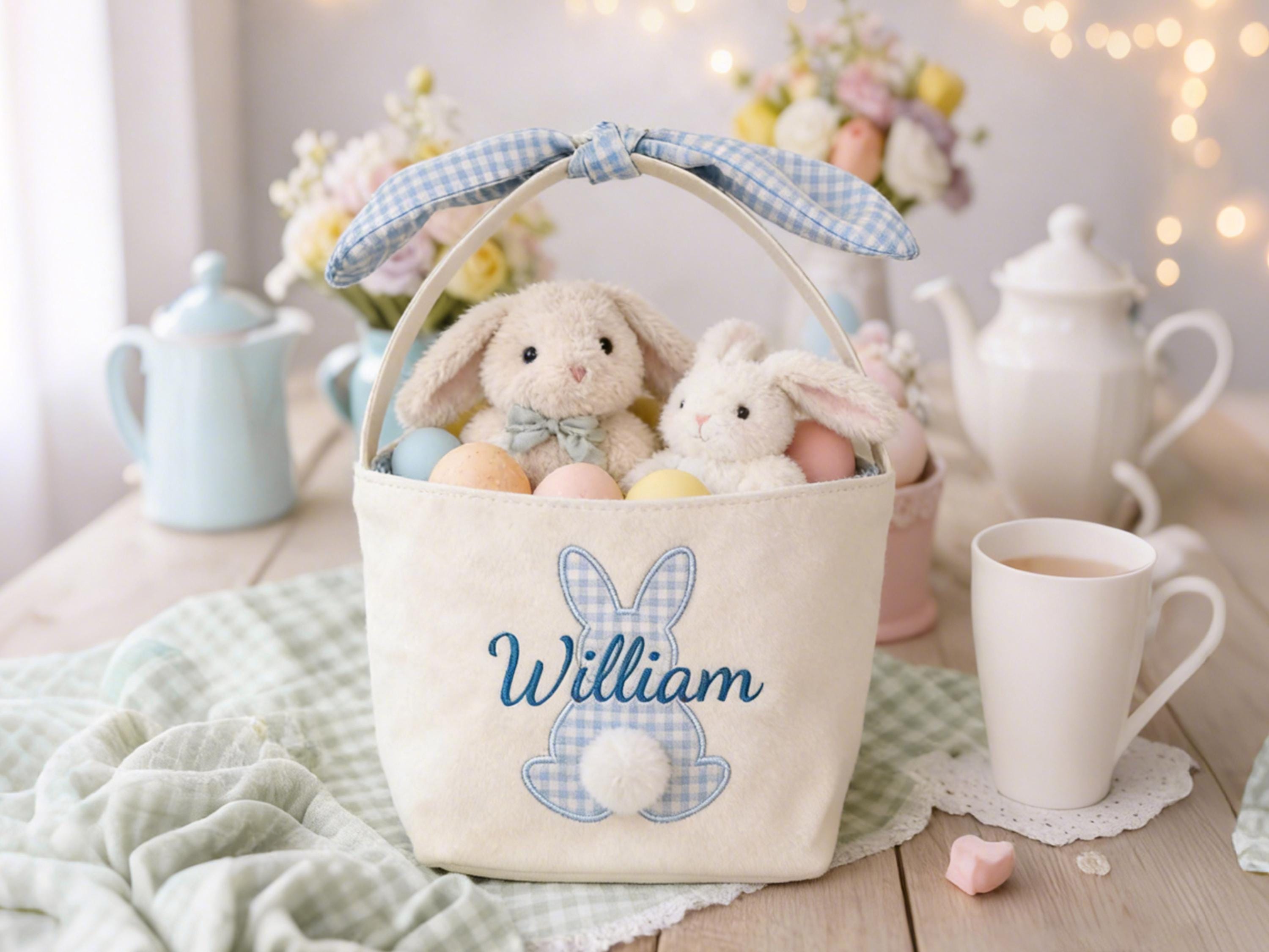 Discover Personalized Easter Basket, Custom Embroidered Name Bunny Applique, Kids Easter Gift