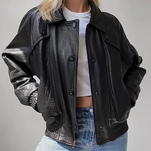 Women Black Bomber Leather Jacket, Ladies Oversize Leather Jacket, Women Classic Casual Sheep Leather Jacket, Women jacket, Gift for women