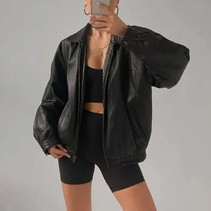 1990 Women&#39;s Oversized Genuine Leather Jacket, Ladies Bomber Biker Leather jacket for women, Ladies casual Streetwear Jacket, Gift for her