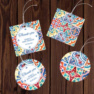 Talavera Baby Shower Favor Tags: Editable Circle and Square Double-Sided Canva Template