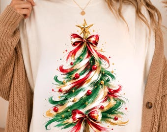 Christmas Tree PNG Watercolor Clipart, Red Green Gold Holiday Tree, Sublimation PNG, Festive Christmas Design, Instant Download