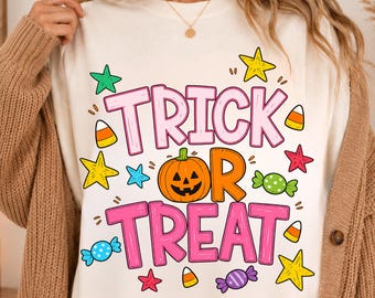 Trick or Treat Shirt, Comfort Colors®Halloween Tee,Preppy Pumpkin Shirt, Retro Spooky Season, Cute Pink Halloween, Fall Pumpkin Season Gift