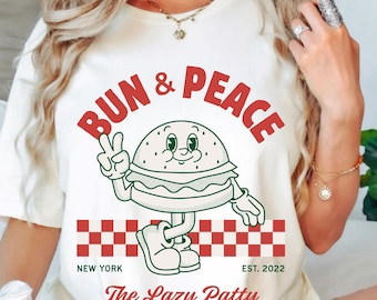 Burger PNG Retro Graphic, Bun & Peace Funny Food PNG, Vintage Fast Food Shirt Design, Streetwear Burger Clipart, Digital Download